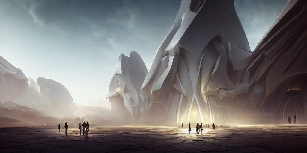 Image similar to the gods meeting at olympus, by tim blandin and arthur haas and bruce pennington and john schoenherr, big windows architecture by zaha hadid, octane render, warm colour scheme, white, cinematic, scenery, cgsociety, modernism, futuristic, trending on artstation, sci - fi, high detail, high quality, close up angle, people walking