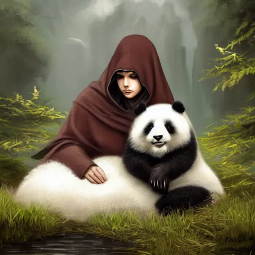 Image similar to an hooded man petting a fluffy cute panda near a river, nature, digital painting, artstation, concept art, soft light, hdri, smooth, sharp focus, illustration, fantasy, intricate, elegant, highly detailed, D&D, matte painting, in the style of Greg Rutkowski and Alphonse Mucha and artemisia, 8k, highly detailed, jurgens, rutkowski, bouguereau, pastoral, rustic, georgic, detailed concept art, illustration, colorful pastel, painting, detail, ultra detailed, digital art, 4K,