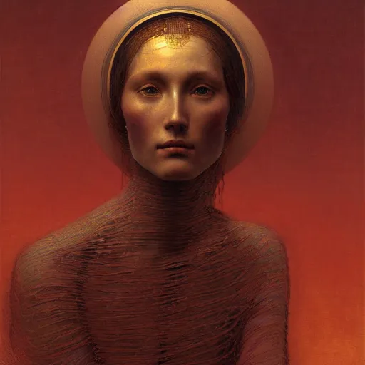 Image similar to Woman masterpiece, red, golden halo behind her head, by Edgar Maxence and Ross Tran, Zdzisław Beksiński, and Michael Whelan, distant, gustav dore, H.R. Giger, 8k, octane render
