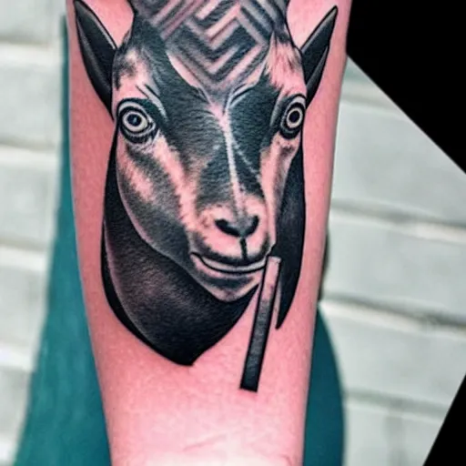 Image similar to a tattoo of a goat with a stick of dynamite in its mouth