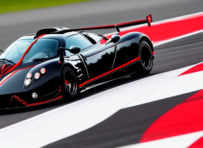 Image similar to !dream Black with red striped Pagani Zonda R cornering on a racetrack, 16K resolution, photography,