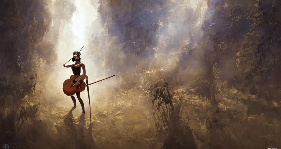 Image similar to craig mullins and ghibli digital art of a masked female violinist, dressed in exotic costumes, gold jewelry and dark hair, performs alone on a huge stage ， unreal engine, hyper realism, realistic shading, cinematic composition, realistic render, octane render, detailed textures, photorealistic, wide shot