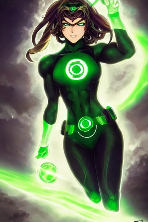 Image similar to anime key visual of a beautiful young female green lantern!! intricate, green and black suit, glowing, powers, dc comics, cinematic, stunning, highly detailed, digital painting, artstation, smooth, hard focus, illustration, art by artgerm and greg rutkowski and alphonse mucha