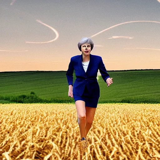 Image similar to Theresa May running in a cornfield with alien crop circles, golden hour, low sun