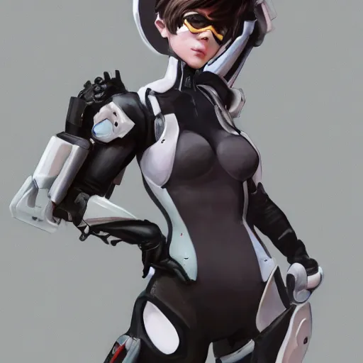 Image similar to a highly detailed beautiful portrait of tracer from overwatch as 2 b nier automata wearing a skintight suit!!, concept art, detailed, detailed face, by gregory manchess, james gurney, james jean, trending on artstation, artstationhq, artstationhd