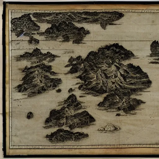 Prompt: birdseye view of large island in the middle of the ocean, 1 5 0 0 s cartographer map showing trees and rocks and dangerous waters on parchment paper in black ink, historical document