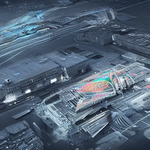 Image similar to Kazimierz Malewicz sci-fi motherboard airport view from above structure and digital billboard point cloud in the middle, unreal engine 5, keyshot, octane, artstation trending, ultra high detail, ultra realistic, cinematic, 8k, 16k, in style of zaha hadid, in style of nanospace, in plastic, dark, tilt shift,