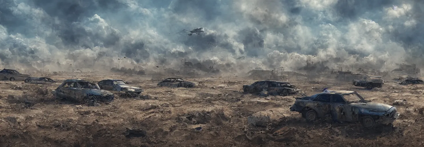 Image similar to wastelands by day, detailed ground, blue sky, smoke, end of war, vehicle wrecks, as seen by the artist, digital artist, simple composition