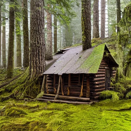 Prompt: an old rustic cabin in a forest of pines and moss, highly detailed, dark, rainy, 8 k photograph