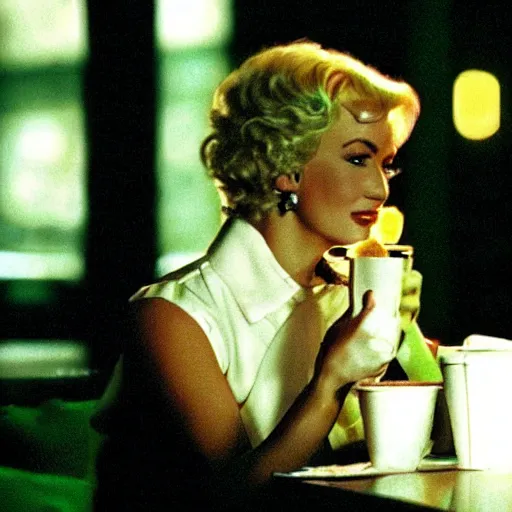 Image similar to a close - up, color cinema film still of a marlin monroe drinking coffee at a starbucks, ambient lighting at night, from matrix ( 1 9 9 9 ).