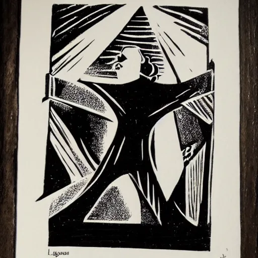 Image similar to cabinet of dr caligari, linocut print,