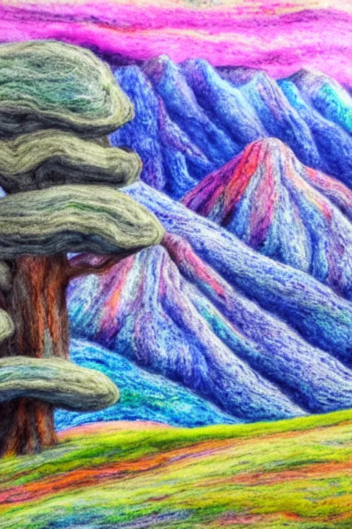 Image similar to fantastic mountain landscape, pastel colors, huge trees, dry felting, watercolors