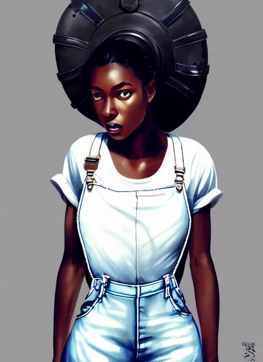 Prompt: full body portrait of beautiful black woman wearing white t - shirt and blue denim overalls, fireman's helmet, intricate, beautiful and elegant, highly detailed, digital painting, artstation, concept art, smooth, sharp focus, illustration, art by wlop, mars ravelo and greg rutkowski