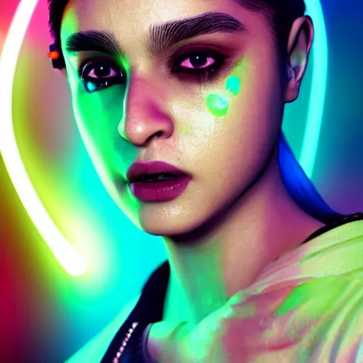 Prompt: Alia Bhatt, neon face tattoo, cyberpunk background, straight hairstyle, white eyes, blonde hair, realistic render, short hair, unreal engine render, Icaro Carvalho