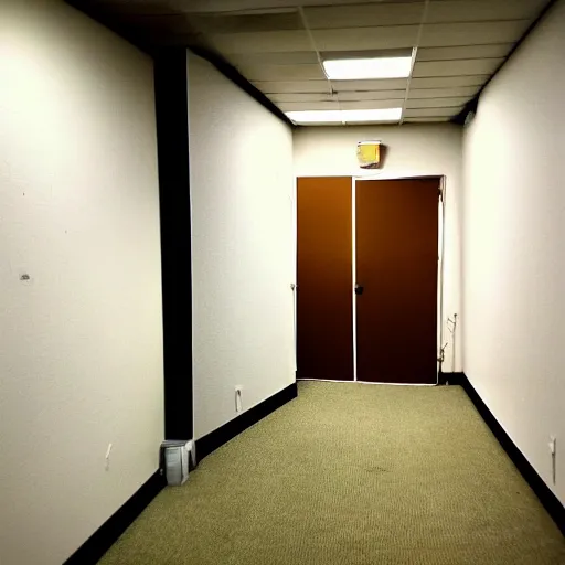 Image similar to backrooms office space, ominous lighting, moldy walls