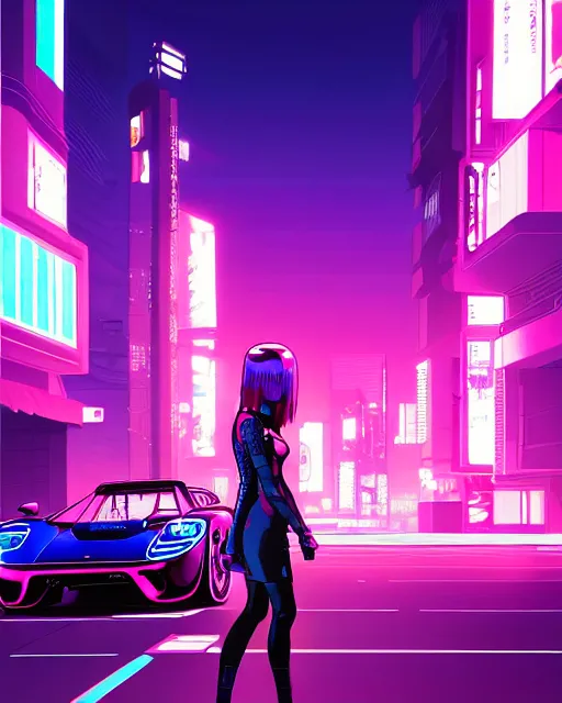 Image similar to digital illustration of cyberpunk pretty girl with pink hair, standing by a blue ford gt in a street at night, under streetlights, by makoto shinkai, ilya kuvshinov, lois van baarle, rossdraws, basquiat