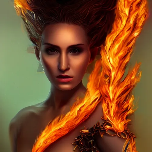 Prompt: A stunning portrait of a goddess, her body made of flames, 8K UHD, intricate, fantasy, Trending on artstation.