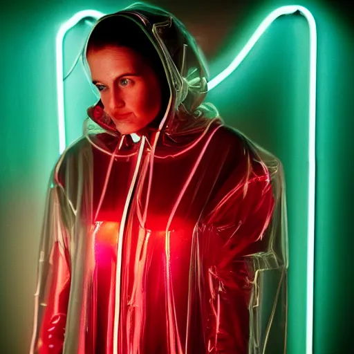 Prompt: A realistic and detailed portrait photography of a woman wearing a futuristic transparent raincoat with hoodie. by Annie Leibovitz. Neo noir style. Cinematic. Red neon lights and glow in the background. Cinestill 800T film. Lens flare. Helios 44m. Ultra detail. Photoreal. Depth of field.