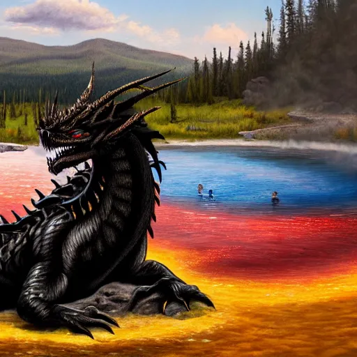 Image similar to highly detailed oil painting of a black dragon in a colorful hotspring at yellowstone national park, featured on artstation