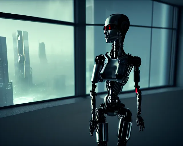 Prompt: terminator mechanical lady with borg enhancements and optical fibers is drinking coffee near a window with dystopian city visible outside. very detailed 8 k. cyberpunk fantasy style. unreal engine render. global illumination. nanite. rtx. path tracing.