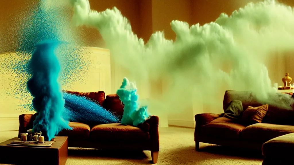 Image similar to colored powder explosion in the living room, film still from the movie directed by Denis Villeneuve with art direction by Salvador Dalí, wide lens