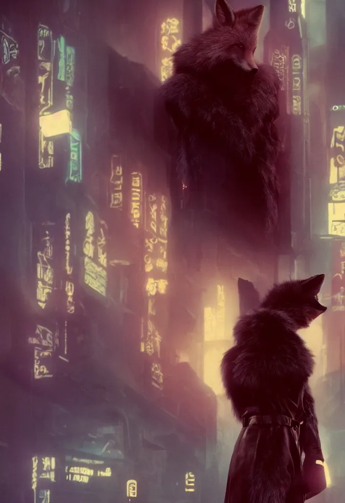Image similar to anthro fox furry in Blade Runner: 2049, wearing a leather uniform, city streets, fursona, anthropomorphic, furry fandom, film still