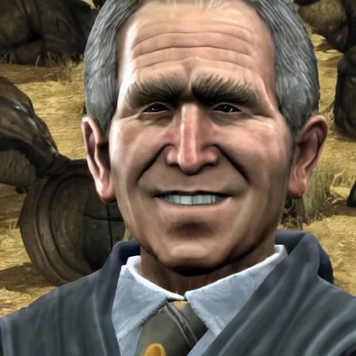 Prompt: “ george w bush as a skyrim npc, with dialogue options, in - game screenshot ”