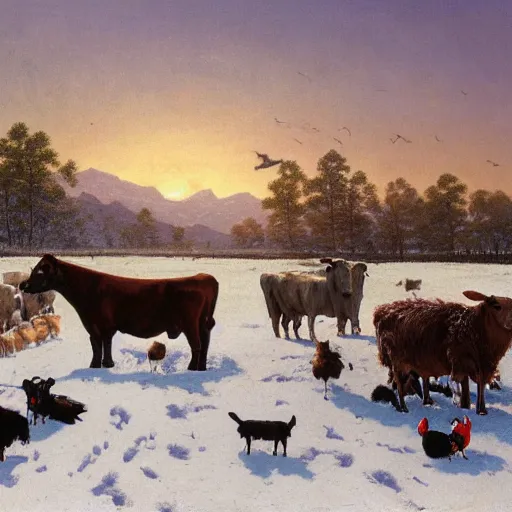 Image similar to an extremely detailed matte painting of a rancher feeding the animals at sunrise, tall rancher wearing a cowboy hat, dogs, cows, sheep, chickens, ducks, 4 k, ranch the morning after a light snowfall, by bob ross and norman rockwell and albert bierstadt