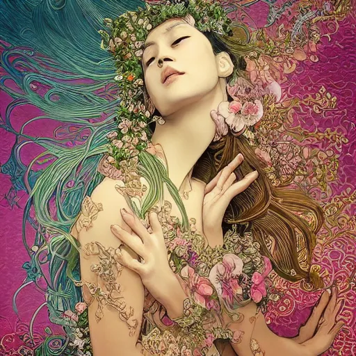 Prompt: beautiful and detailed digital illustration of regeneration can only be attained by two souls working in unison and harmony, dramatic 8k image, ultrarealistic, elaborate and emotive, transcendental by kittichai rueangchaichan, floralpunk, Artstation, art nouveau aesthetic, Alphonse Mucha background, intricate details,concept art, realistic, dramatic, detailed intricate ink illustration, heavenly atmosphere