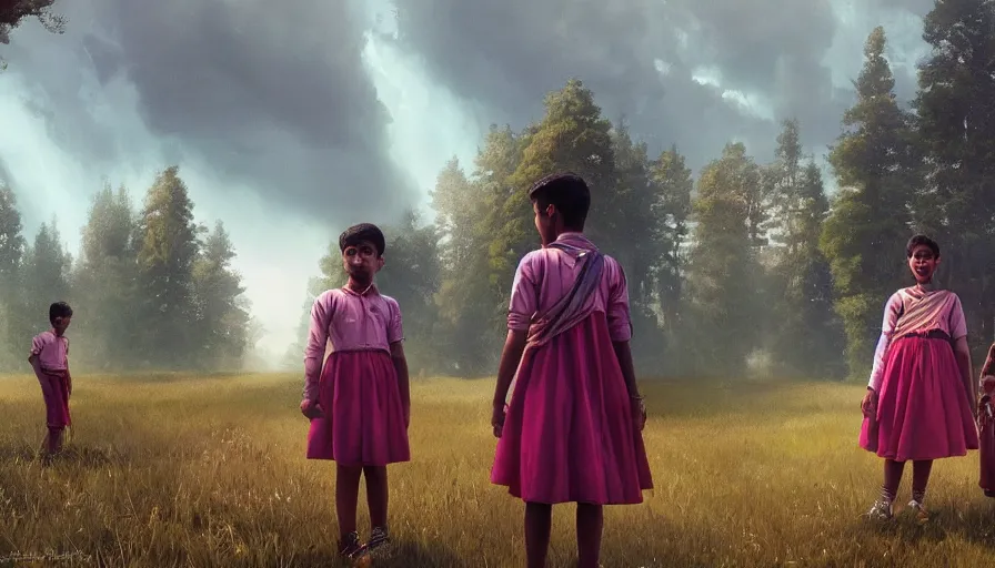 Prompt: kerala school boys wearing girls dresses posing for a photo, an epic fantasy, dramatic lighting, cinematic, establishing shot, extremely high detail, photorealistic, cinematic lighting, artstation, matte painting by simon stalenhag, horizon forbidden west