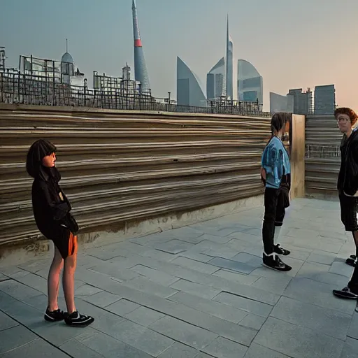 Prompt: a small rooftop with a couple of modern subculture teenagers standing and talking to each other, wearing black modern clothes, modern shanghai bund is on the background, sunset, by gregory crewdson