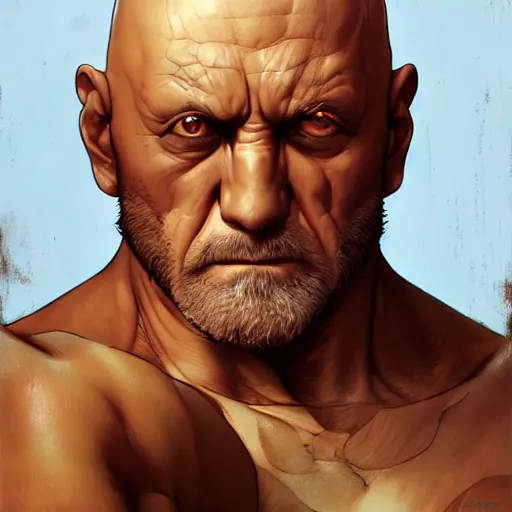 Image similar to mike ehrmantraut as sagat street fighter, portrait, 4 k, ultra realistic, detailed focused art by artgerm and greg rutkowski and alphonse mucha