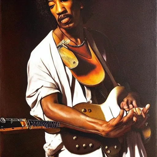 Prompt: Jimy Hendrix playing by Caravaggio