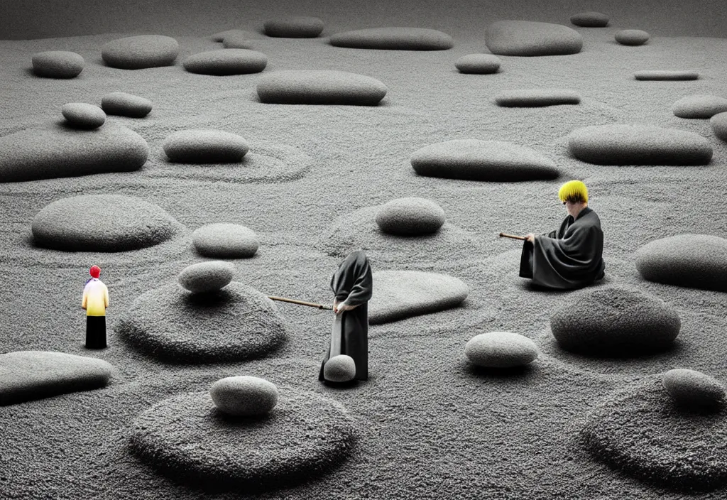 Prompt: portrait of a lone priest raking stones in a zen garden kyoto, japan, a collage painting, in the style of wes anderson, lola dupre, david hockney, isolated on negative white space background dark monochrome fluorescent neon spraypaint accents volumetric octane render