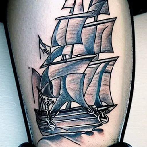 Prompt: a pirate ship sailing in the sea, realism tattoo design with amazing shades, clean white paper background, in the style of david vega