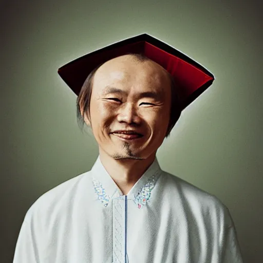 Prompt: realistic photography by araki nobuyoshi of wearing traditional ukrainian shirt designed by taras shevchenko smiling kim chen