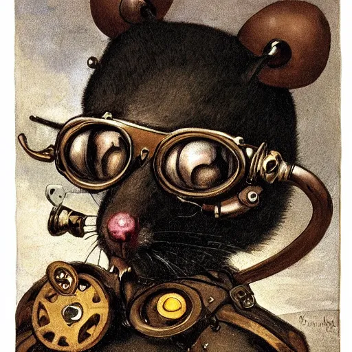 Image similar to a rat with steampunk googles, by GUSTAVE COURBET