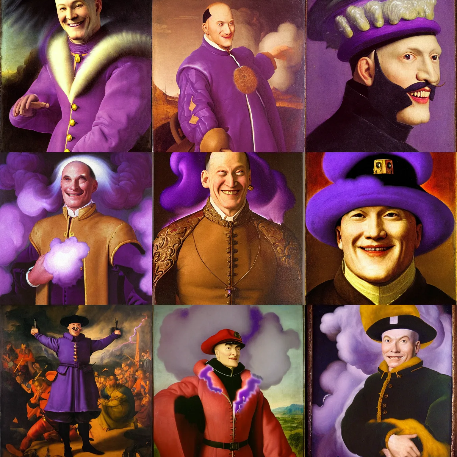 Prompt: a renaissance painting of m. bison, full body, big smile, white teeth, surrounded by purple smoke, purple lightning in the background, volumetric light, portrait by jan van eyck, cinematic, intimate, epic, dimly lit