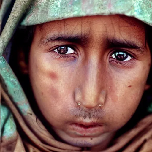 Image similar to nicholas cage as a little afghani girl close - up by steve mccurry