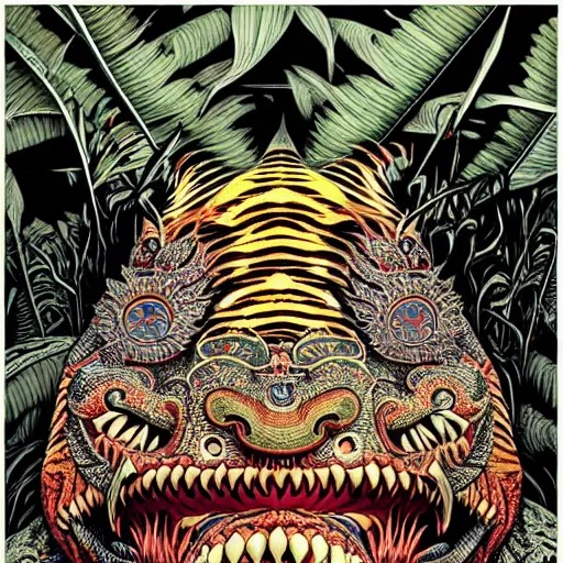 Prompt: barong family member with ray - ban sunglasses, wiwek, mara demon, one single tribe member, jungle, one single mask, dark, gorilla, lizard, tiger, tribal, inner glow, art by takato yamamoto and dan mumford and justin gerard