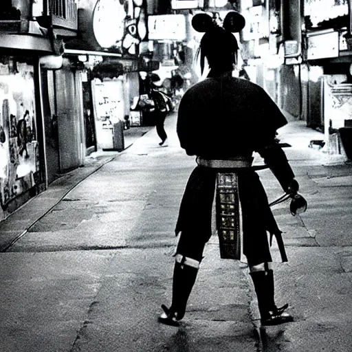 Image similar to an historic photo of a samurai, wandering through neon tokyo