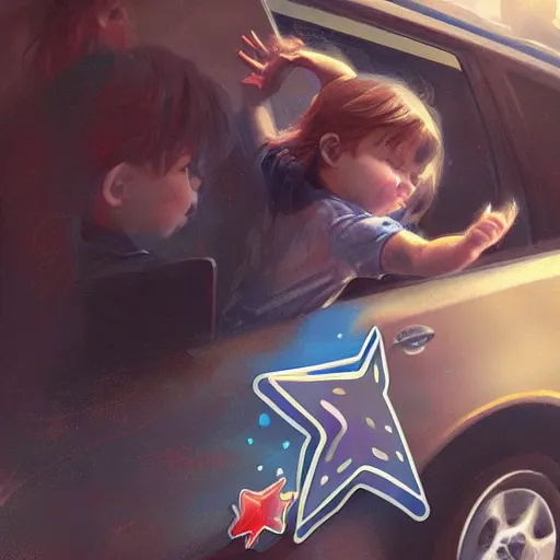 Image similar to close up of child's hand attaching a star - shaped sticker to a truck, digital art by ruan jia and mandy jurgens and artgerm, highly detailed, trending on artstation, award winning