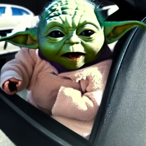 Prompt: screaming baby yoda hanging out of car window at drive thru ordering menu