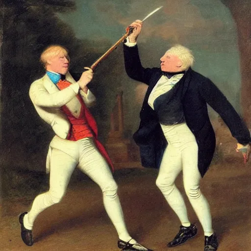 Prompt: Boris Johnson and Joe Biden in a duel, 1800s art