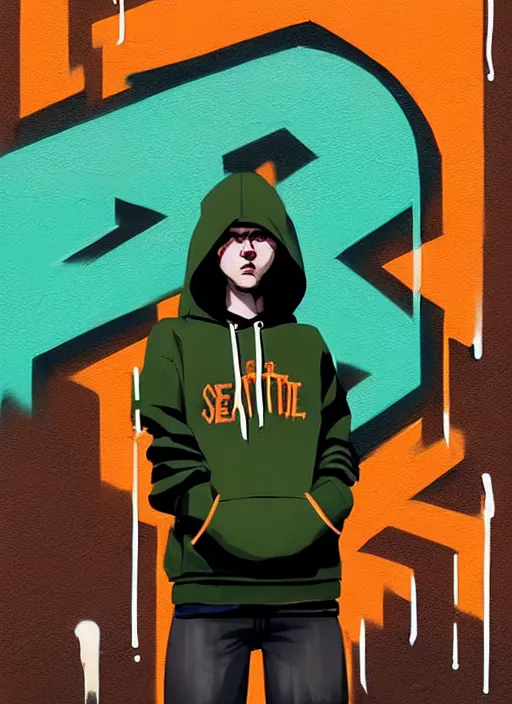 Prompt: highly detailed portrait of a sewer style seattle student, tartan hoody, by atey ghailan, by greg rutkowski, by greg tocchini, by james gilleard, by joe fenton, by kaethe butcher, gradient green, brown, blonde crea, orange, brown and white color scheme, grunge aesthetic!!! ( ( graffiti tag wall background ) )