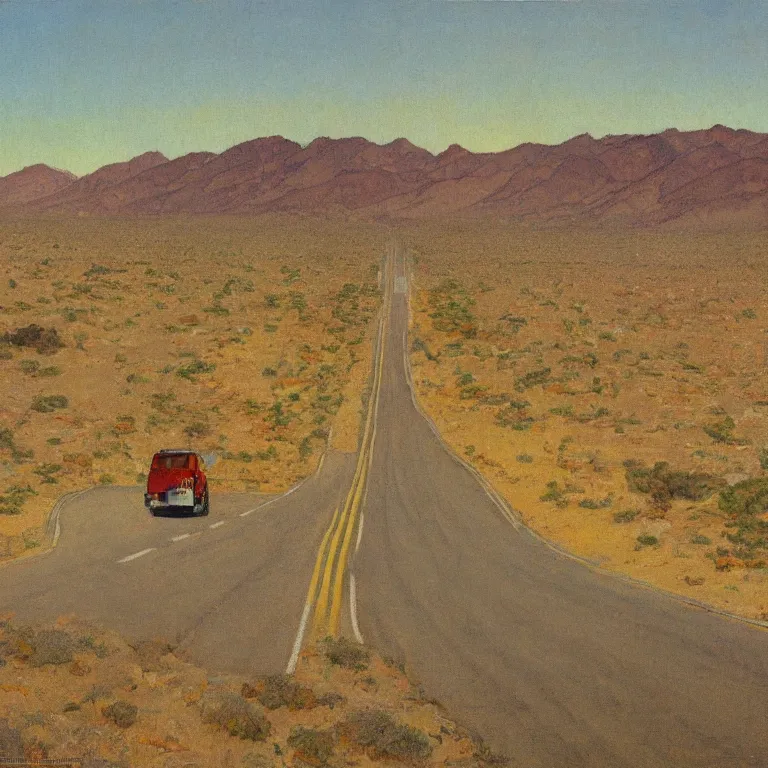 Image similar to a painting of the loneliest highway in nevada by norman rockwell, golden hour, detailed, art gallery quality