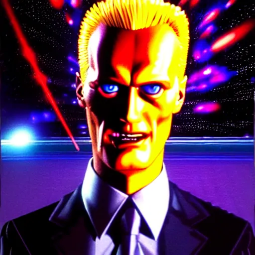 Prompt: uhd hyperrealistic photorealisitc detailed image of cosmic max headroom with sparking, busted, broken cybernetic implants, correct face, matt frewer as max headroom by ayami kojima, akira toriyama, and shonen jump.