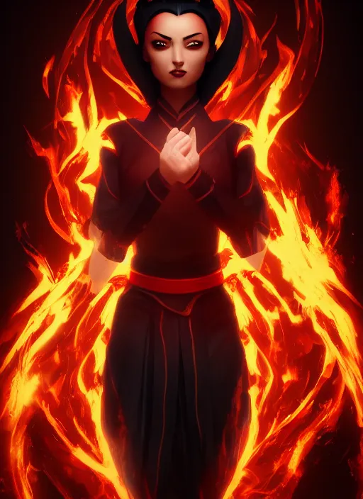 Image similar to azula from avatar the last airbender posing, flames, dark atmosphere, cinematic shot, intricate, ornate, photorealistic, ultra detailed, realistic, 1 0 0 mm, photography, octane, high definition, depth of field, realism, 8 k, artstation