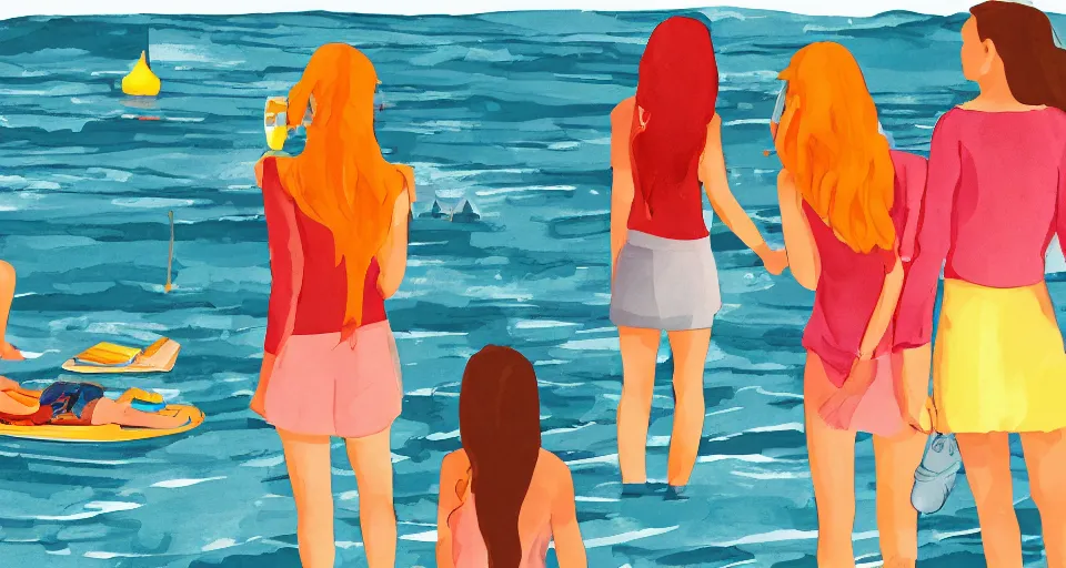 Prompt: simple illustration storyboard of girls weekend on a lake, mimosas