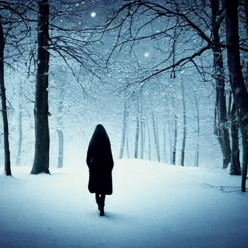 Prompt: beautiful woman walking in the forest at night. full moon. folk horror. hyper detailed. soviet propaganda socialist realism. snow